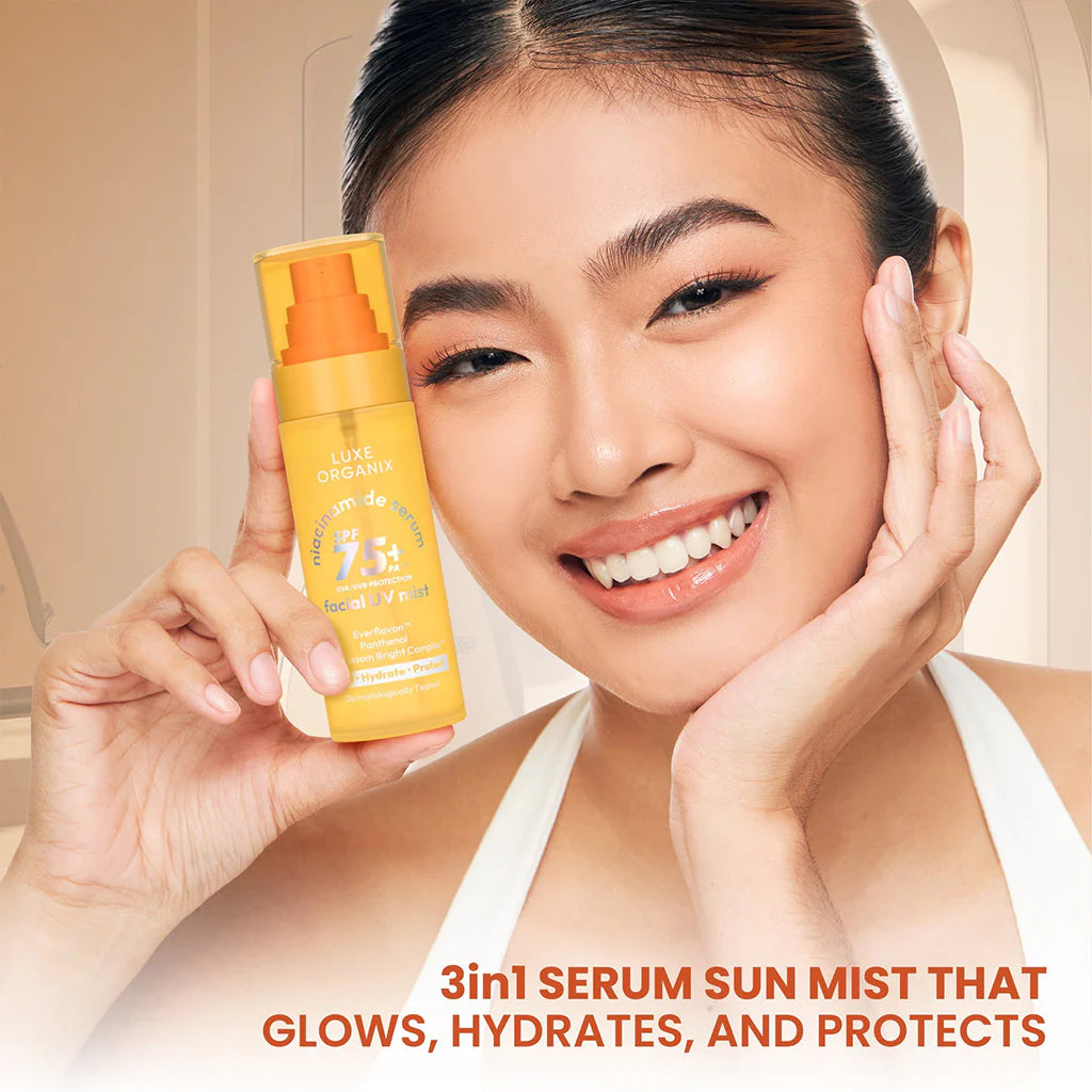 Woman holding a sun mist product with text about its benefits