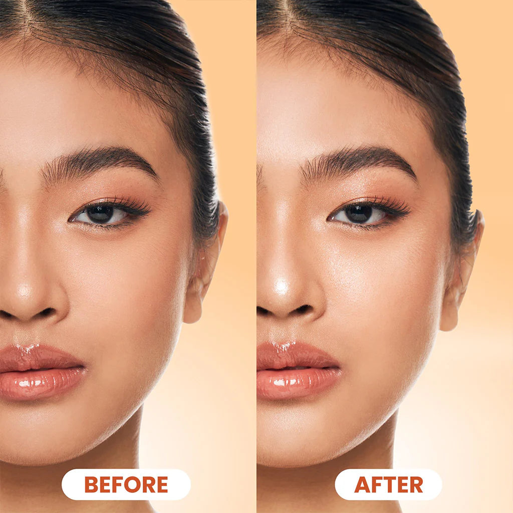 Before and after comparison of a woman's face with makeup application on a beige background