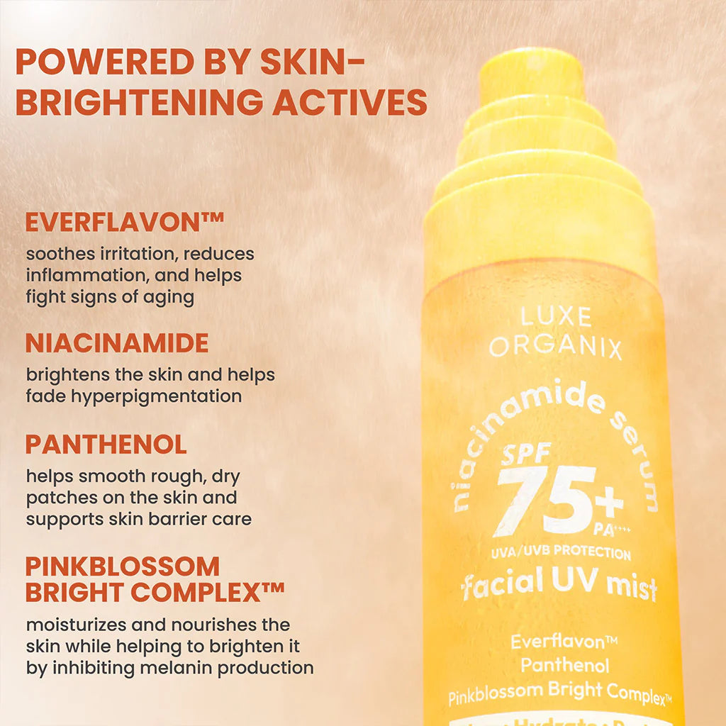 Yellow bottle of Luxe Organix facial UV mist with text about skin-brightening ingredients on a beige background