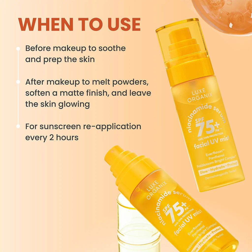 Two yellow bottles of Luxe Organic skincare products on a peach background with usage instructions.