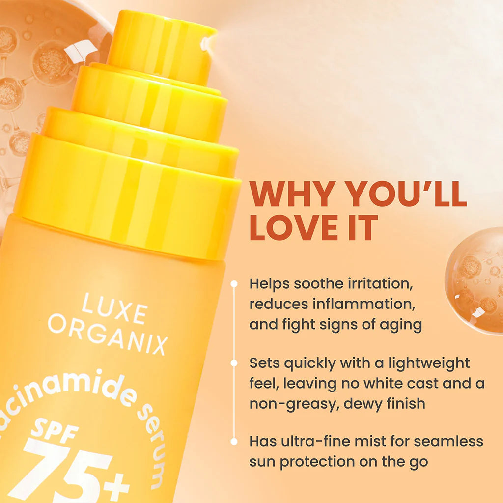 Luxe Organix serum bottle with text highlighting benefits on a peach background