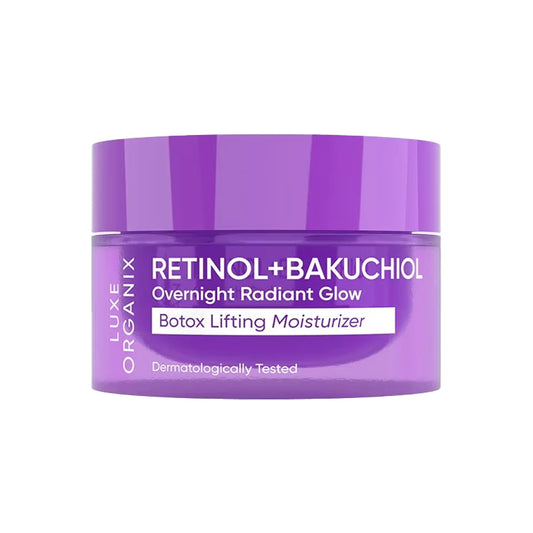 Purple jar of Luxe Organix Retinol + Bakuchiol moisturizer on a white background