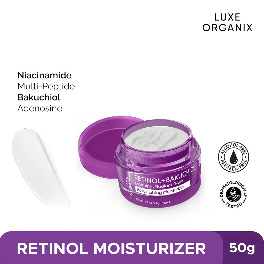 Retinol moisturizer jar with purple lid and white cream, featuring Luxe Organix branding.