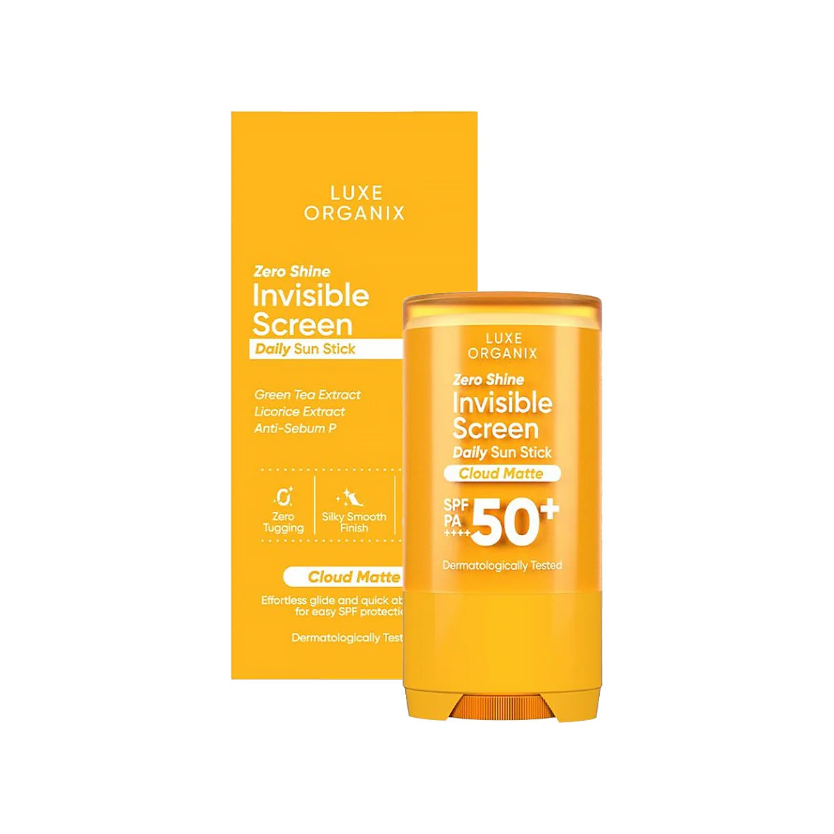 Luxe Organix Zero Shine Invisible Screen Daily Sun Stick with packaging on a white background