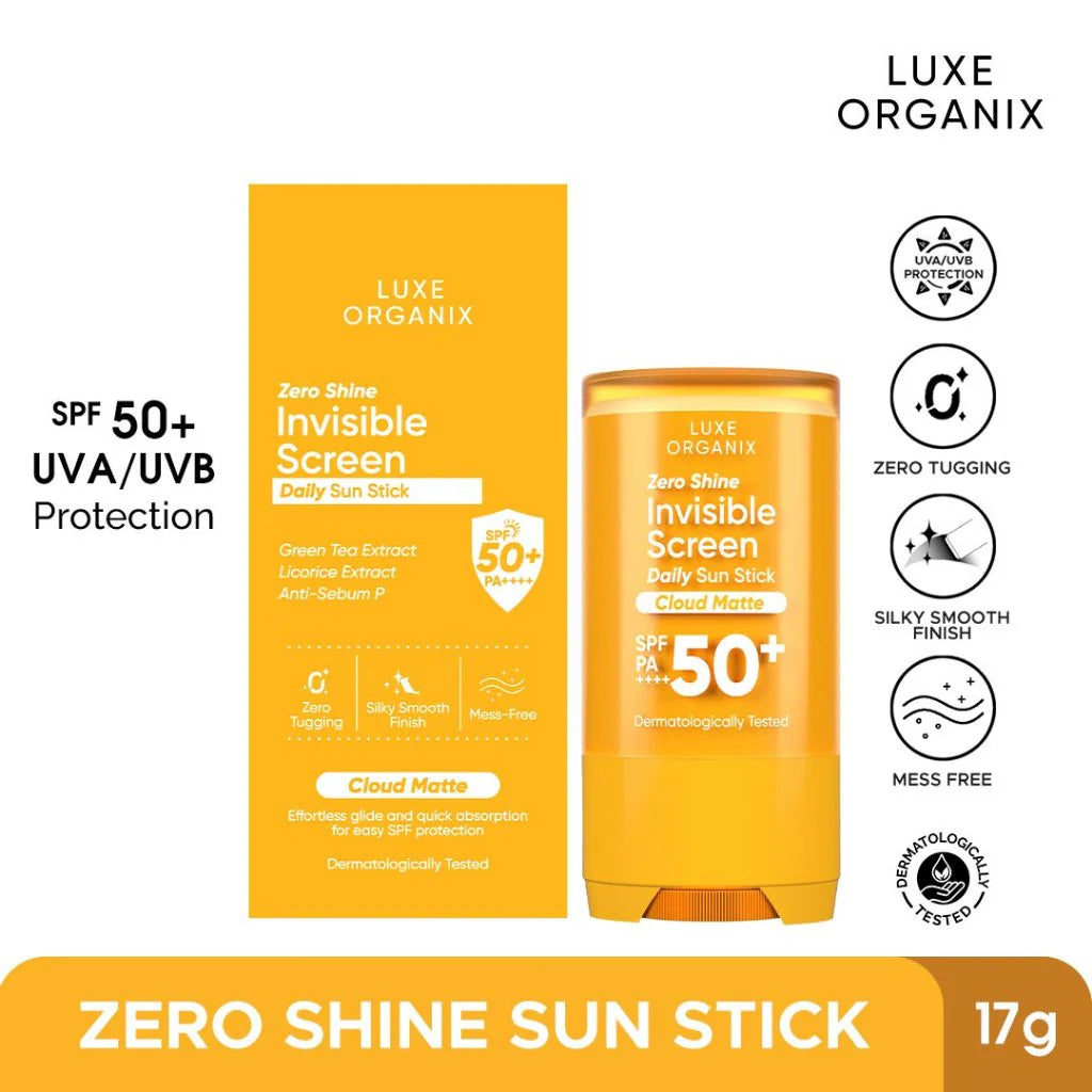 Luxe Organix Zero Shine Invisible Screen Sun Stick packaging on a white background
