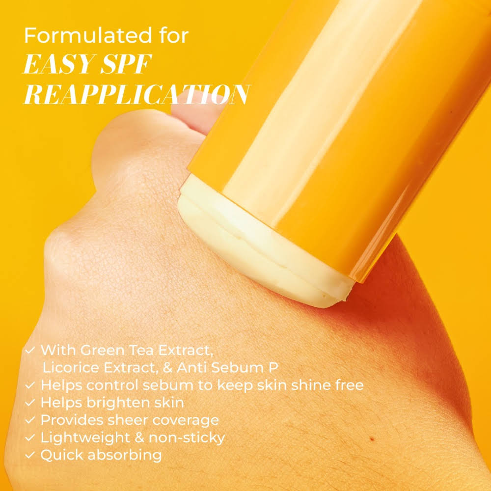 Sunscreen stick being applied to skin with text highlighting features on a yellow background