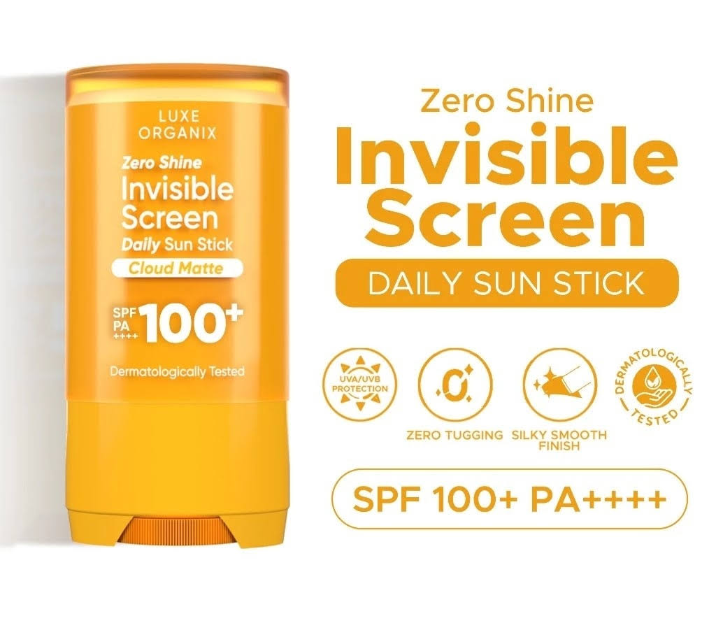 Sunscreen stick with branding and product details on a white background