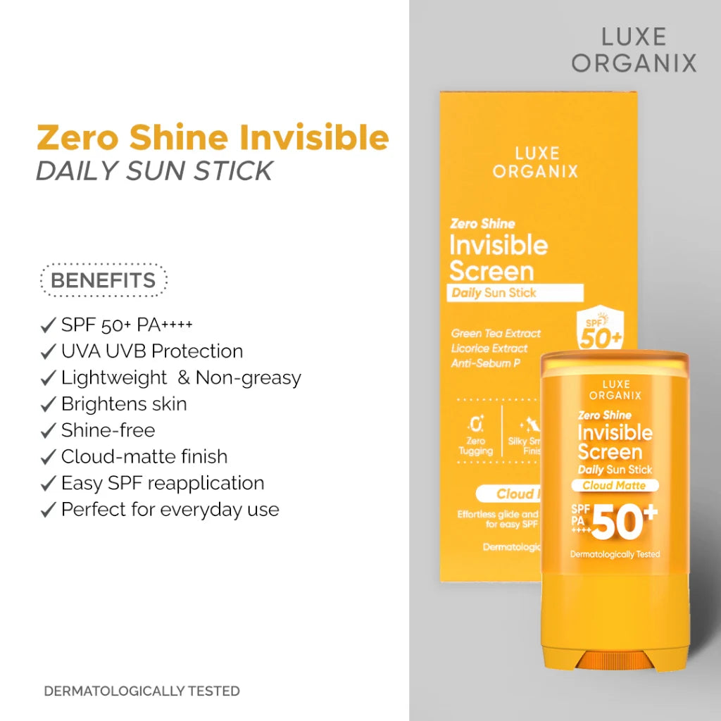 Luxe Organix Zero Shine Invisible Daily Sun Stick with product packaging and features listed.