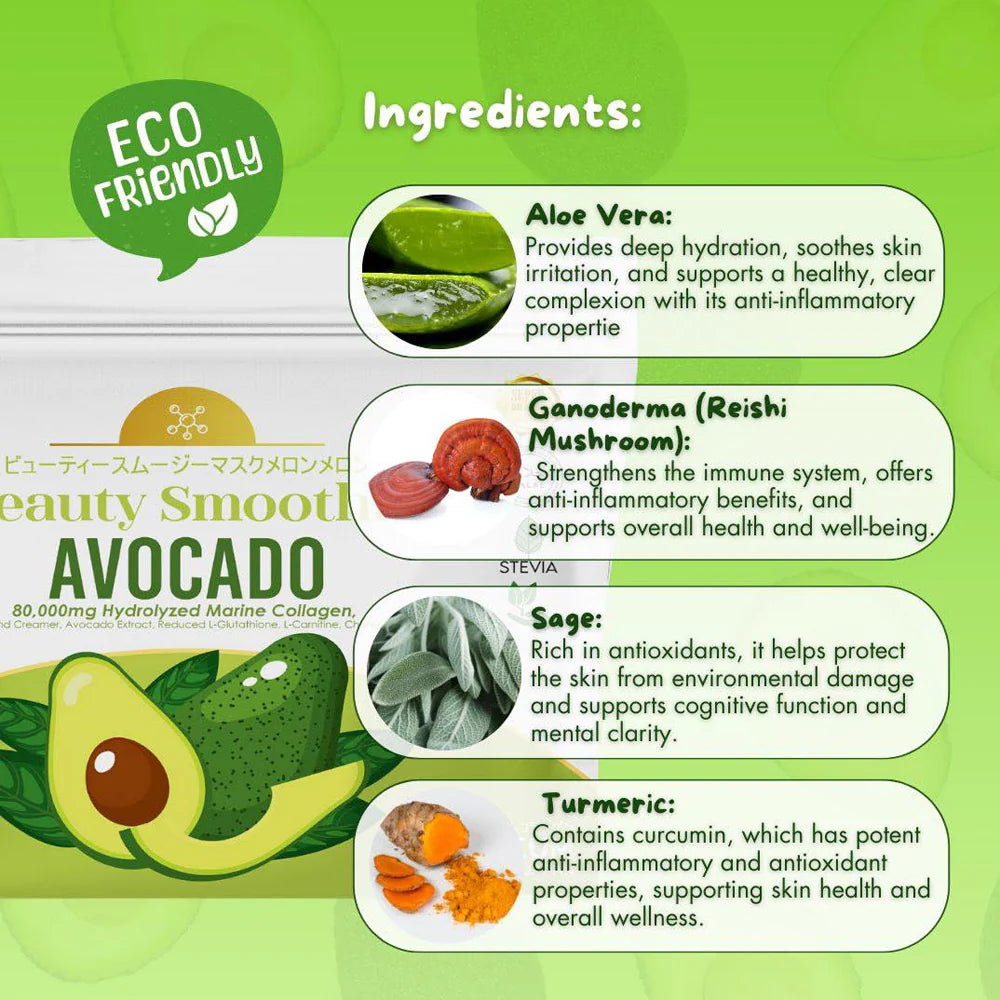 Avocado-themed product packaging with ingredients listed on a green background