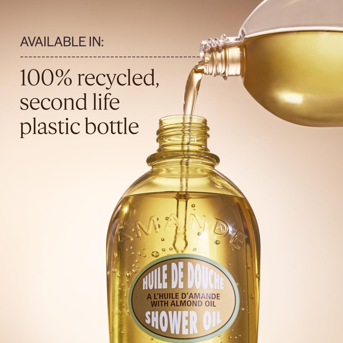 Shower oil being poured into a bottle with text about recyclable packaging.