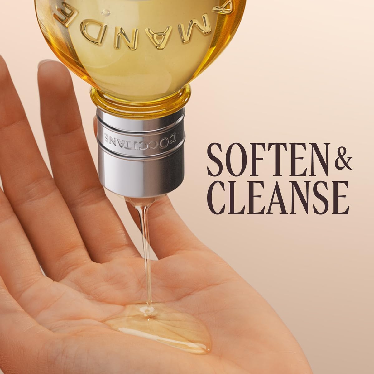 Hand holding a bottle of mandarin oil with text 'SOFTEN & CLEANSE' on a beige background