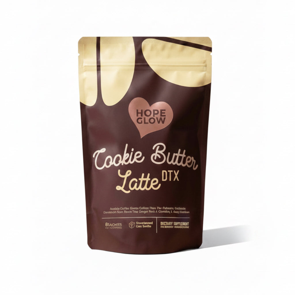 Hope Glow Cookie Butter Latte DTX packaging on a brown background with text about supporting a better gut.