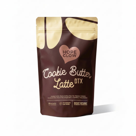 Hope Glow Cookie Butter Latte DTX packaging on a brown background with text about supporting a better gut.
