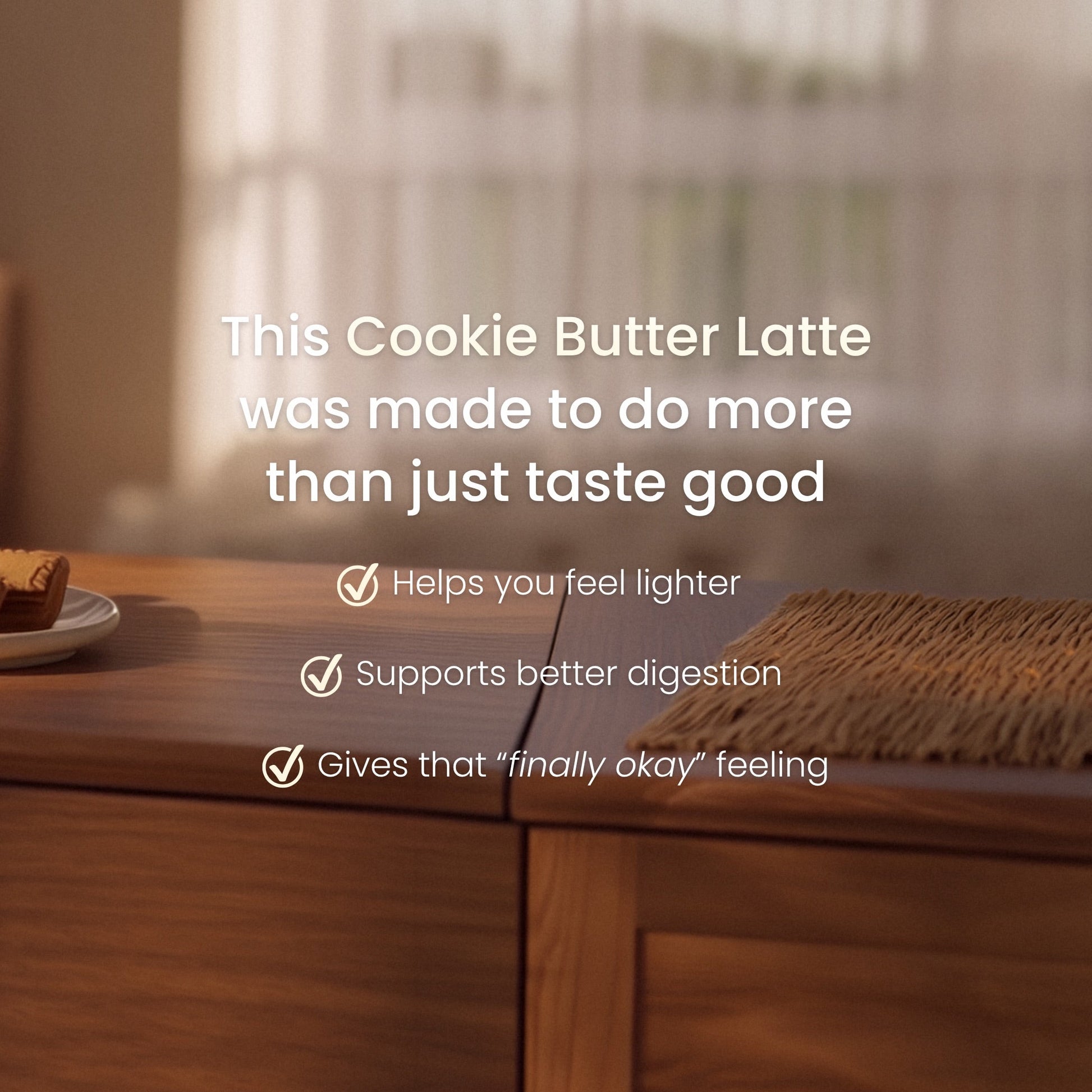 Wooden table with a blurred background and text about a cookie butter latte.