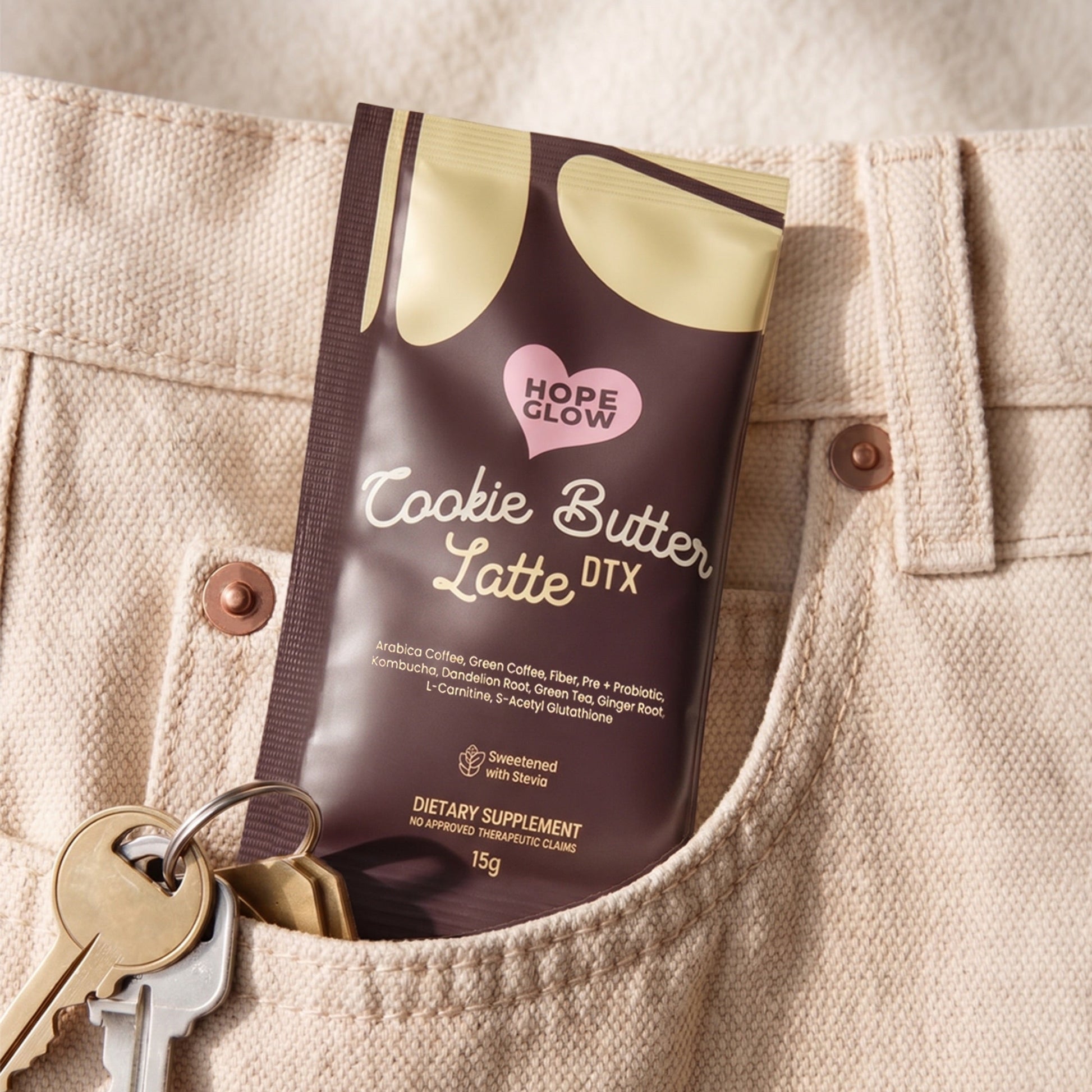 Hope Glow Cookie Butter Latte DTX package in a pocket with keys.