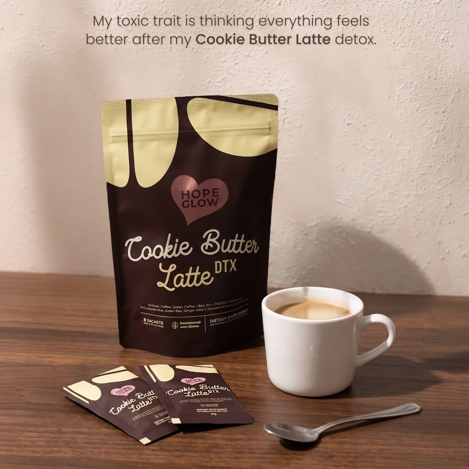 Cookie Butter Latte detox package with a cup of coffee on a wooden table