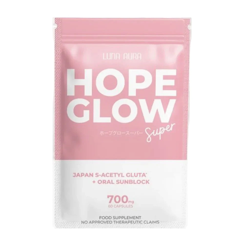 Pink supplement package labeled 'Hope Glow' on a white background