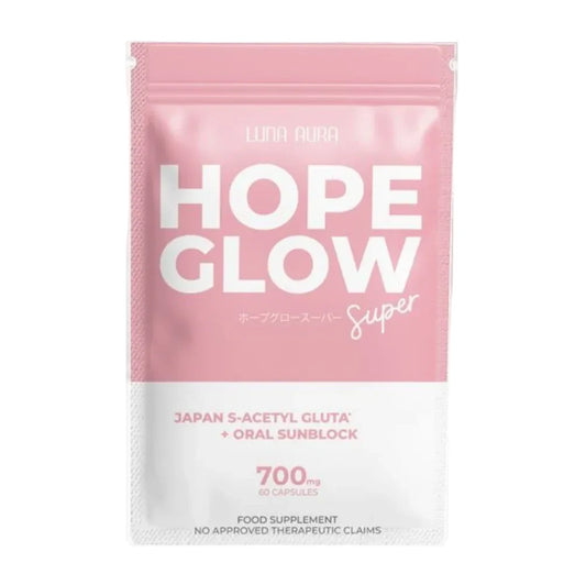 Pink supplement package labeled 'Hope Glow' on a white background