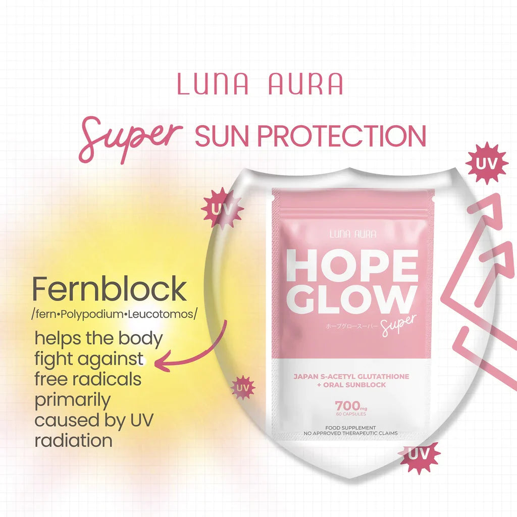Luna Aura Hope Glow sun protection product with shield graphic and text about UV radiation.