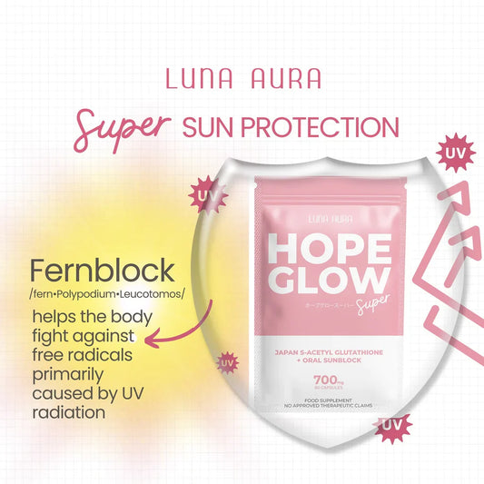 Luna Aura Hope Glow sun protection product with shield graphic and text about UV radiation.