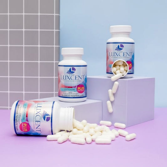 Luxcent supplement bottles and capsules on a purple surface with a tiled wall background