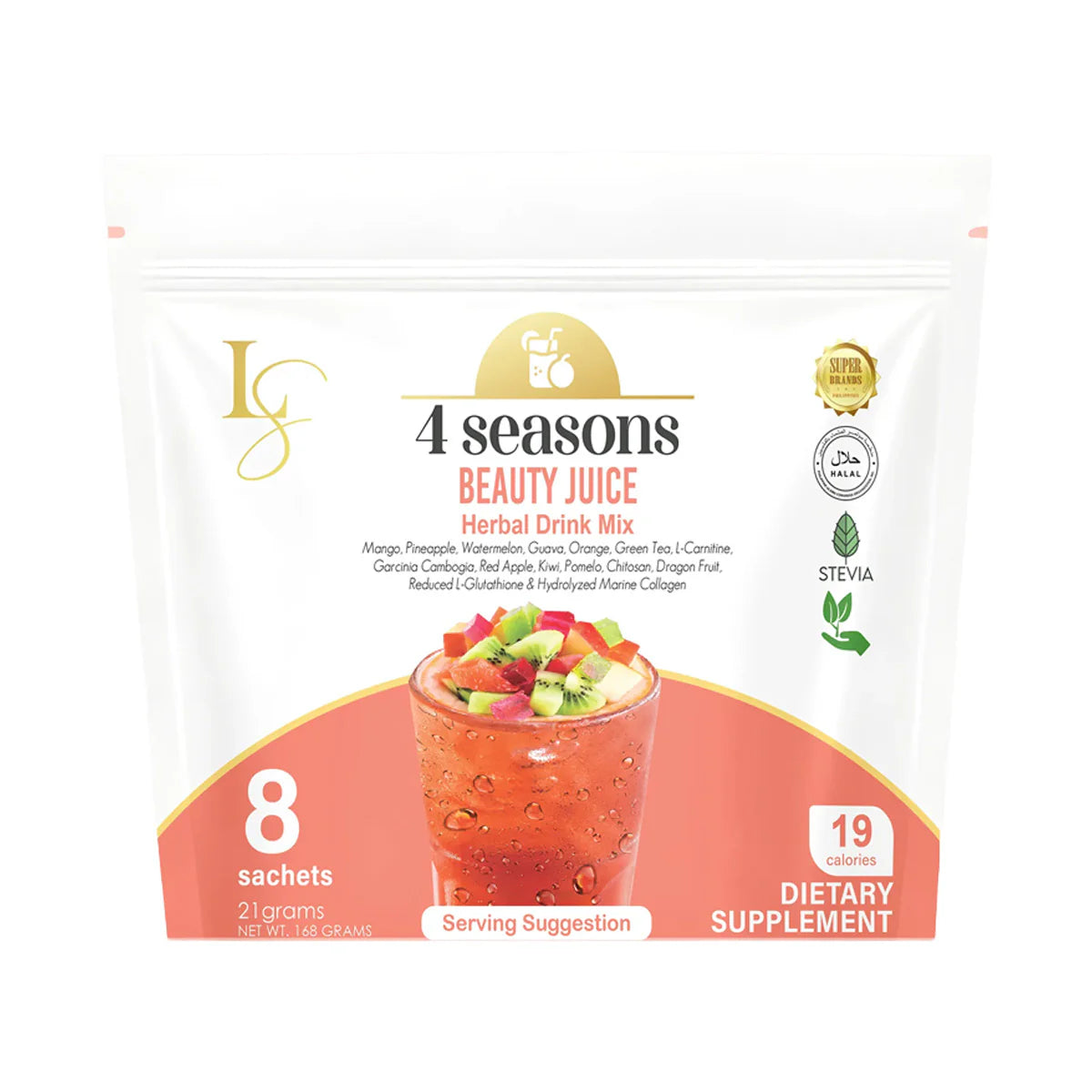 Packaging of 4 Seasons Beauty Juice Herbal Drink Mix on a white background