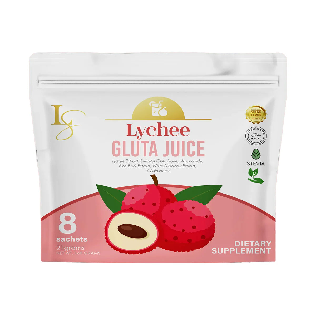 Lychee Gluta Juice package with lychee illustration on a white background