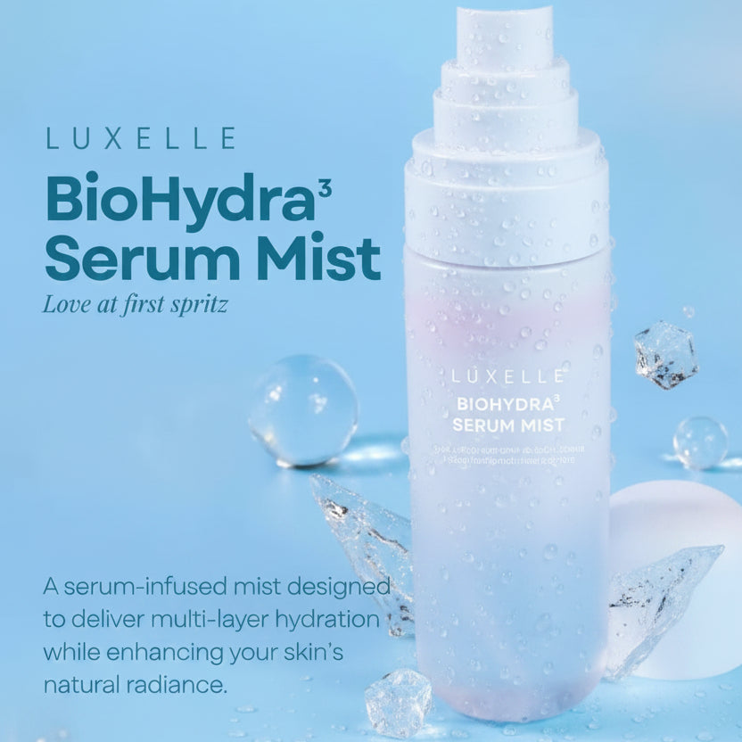 Luxelle BioHydra3 Serum Mist bottle with blue background and product details.