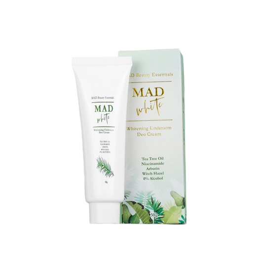 Skincare product packaging with 'MAD White' branding on a white background