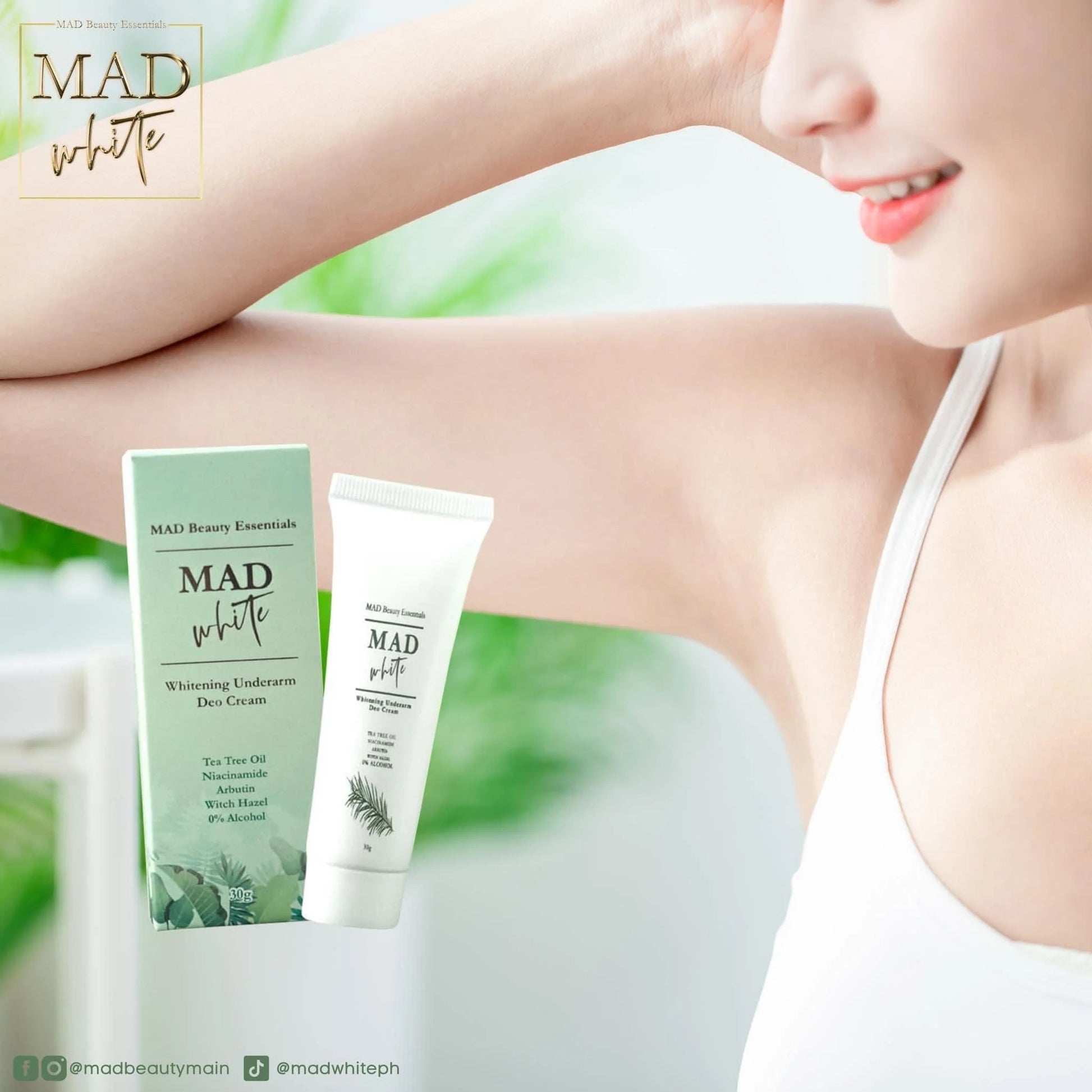 Woman showing underarm with 'MAD white' whitening cream and gel, brand logo visible