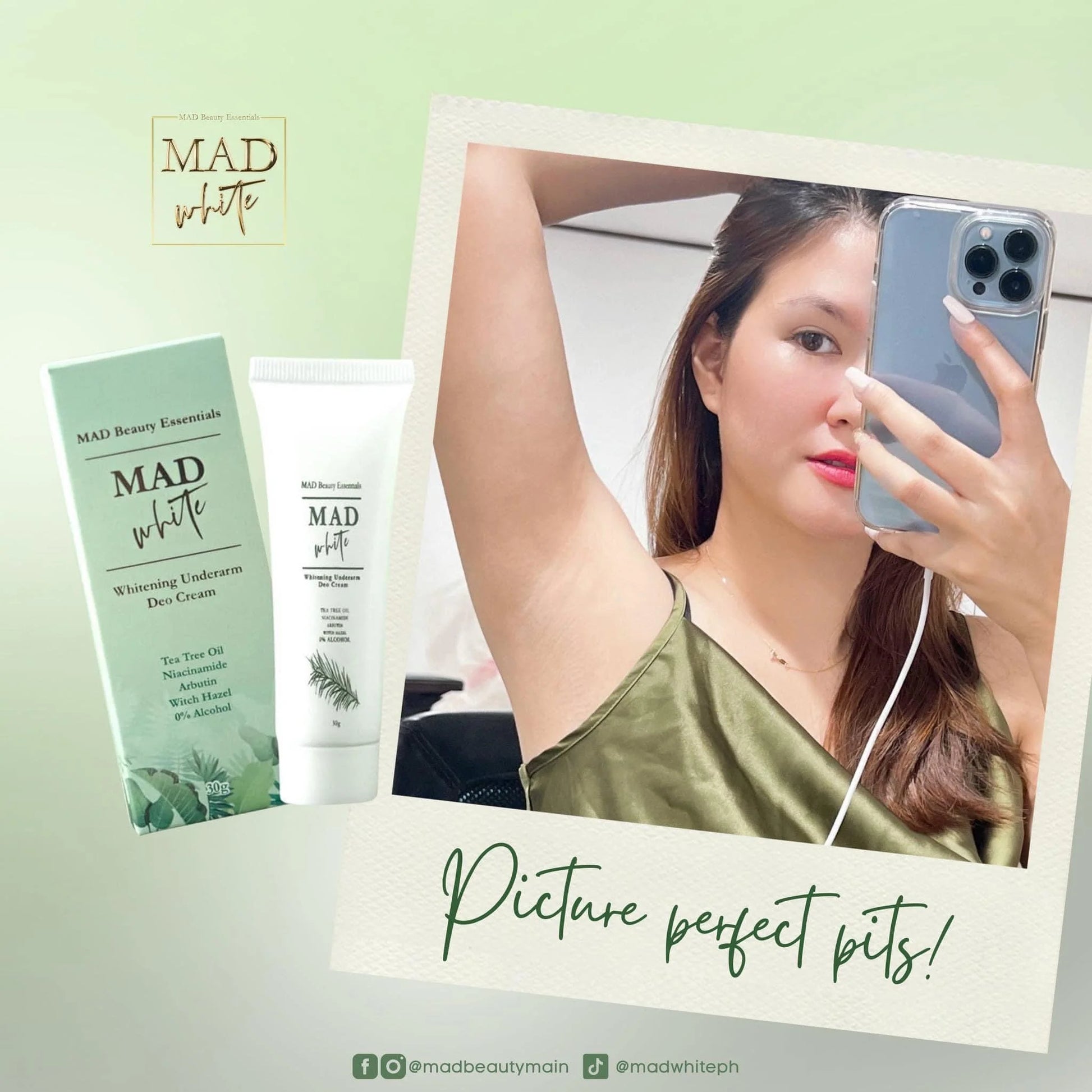 Woman checking armpit with phone, Mad White skincare products on green background