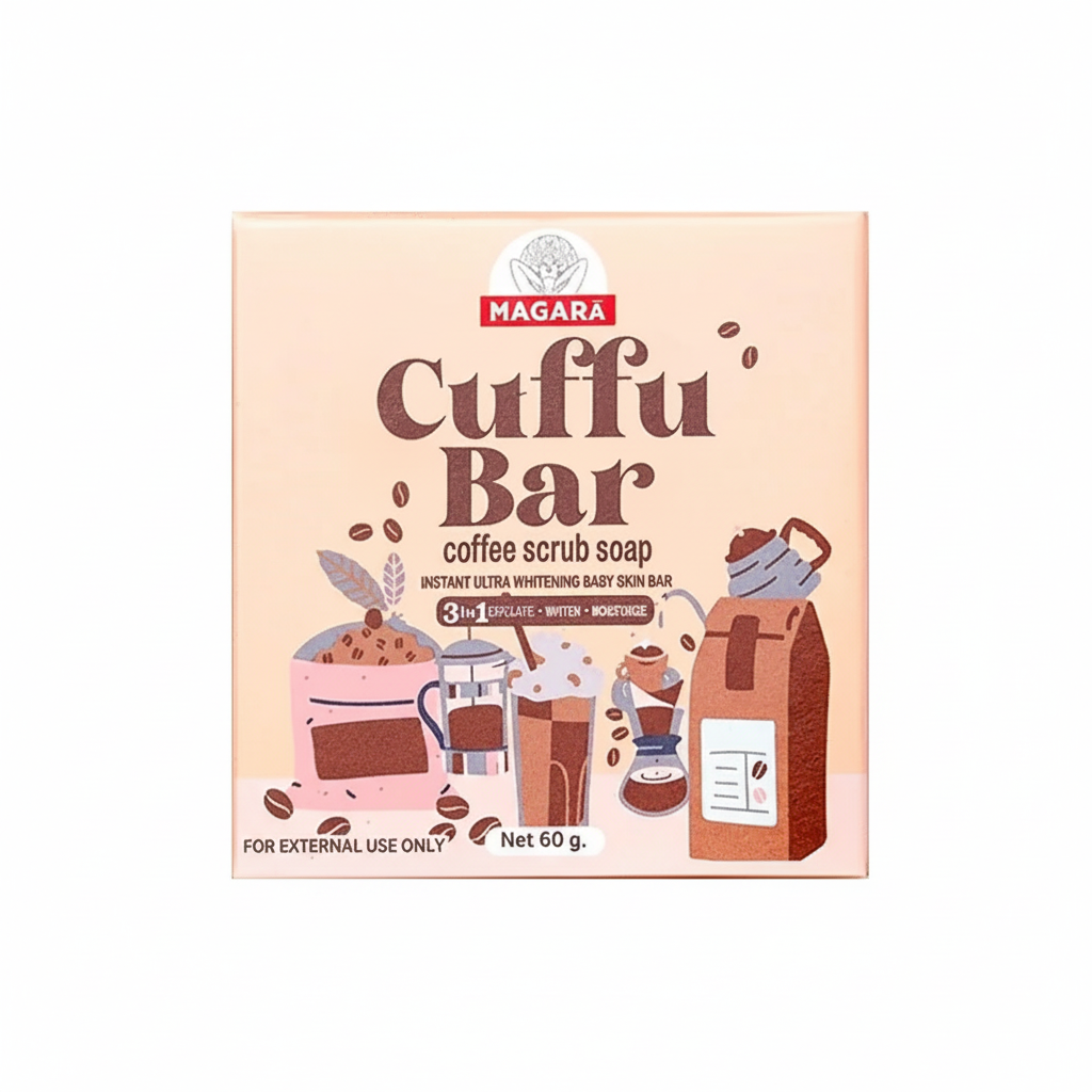 Magara Cuffu Bar coffee scrub soap packaging on a white background