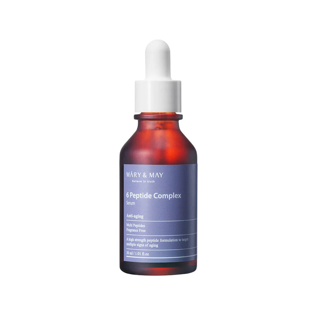 A brown glass bottle with a white dropper labeled '6 Peptide Complex Serum' by Mary & May.