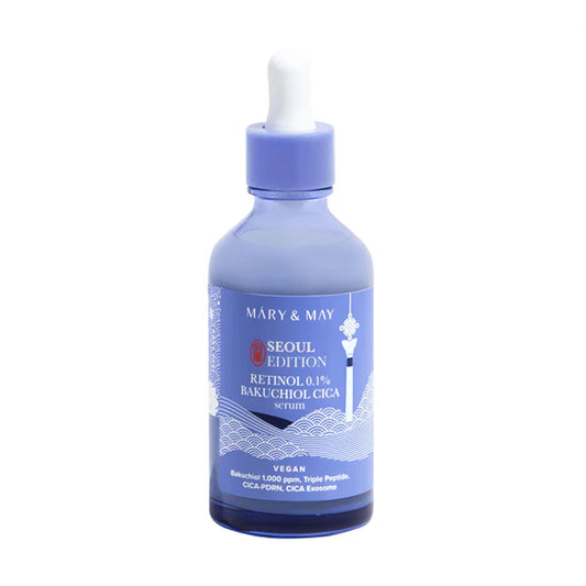 Blue bottle with dropper labeled 'Mary & May' on a white background