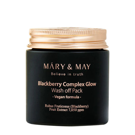 Black jar of Mary & May Blackberry Complex Glow Wash off Pack on a white background