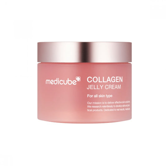 A pink jar of medicube Collagen Jelly Cream, designed for all skin types.