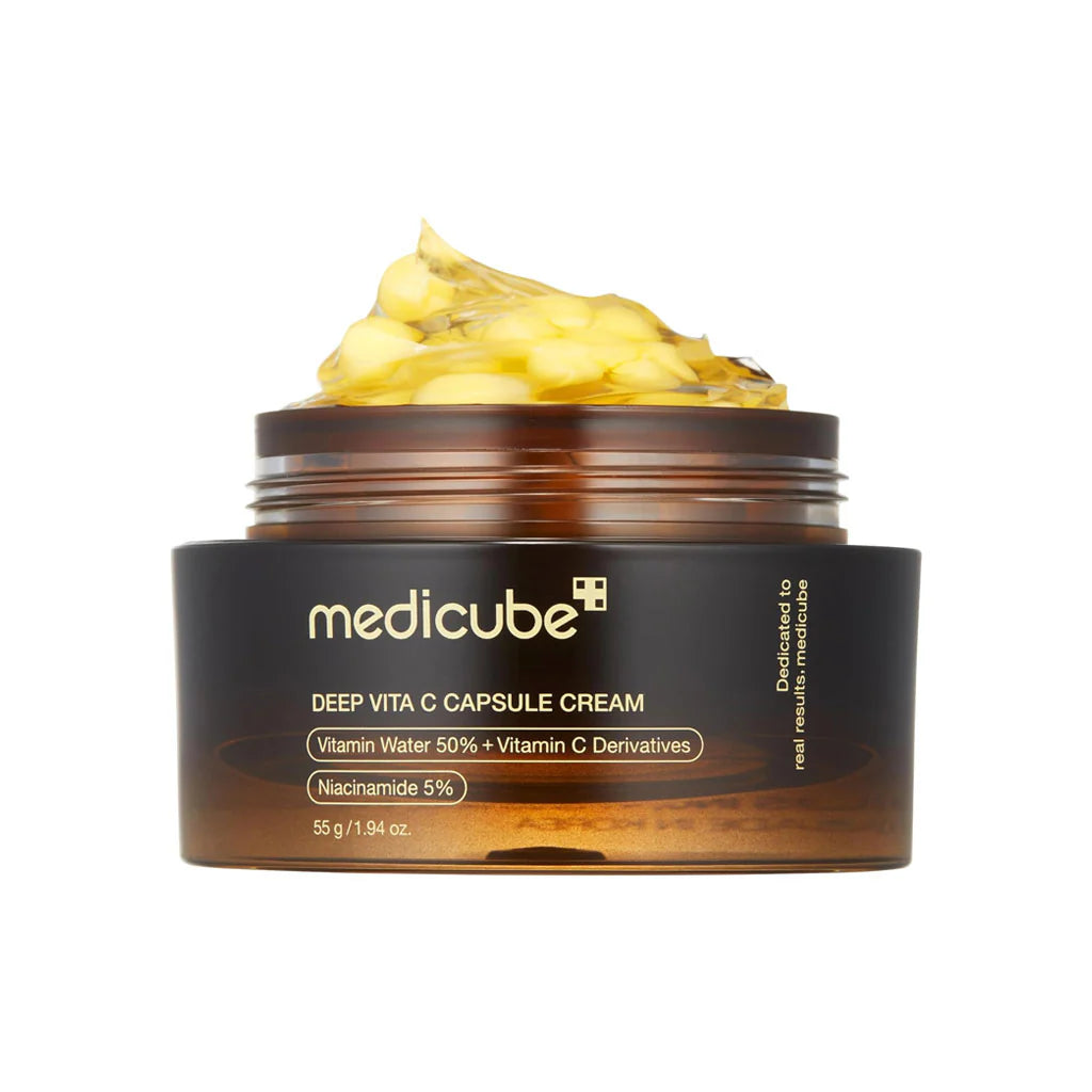 Jar of Medicube Deep Vita C Capsule Cream with cream visible on top