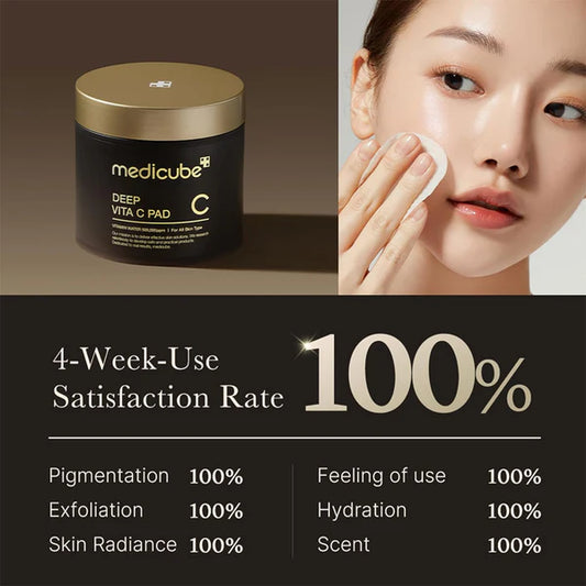 Medicube Deep Vita C Pad with a woman applying it to her face, showing product satisfaction rates.