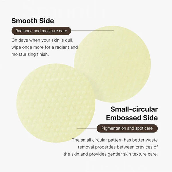 Two circular pads with text describing their use for skin care.