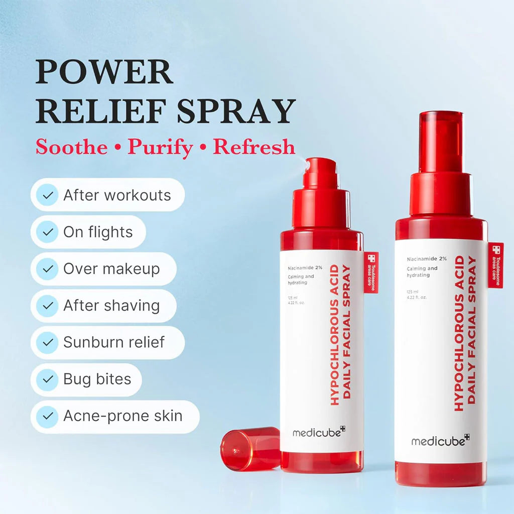 Two bottles of Medicube Hyperchlorous Acid Daily Facial Spray on a light blue background with text highlighting uses and benefits.