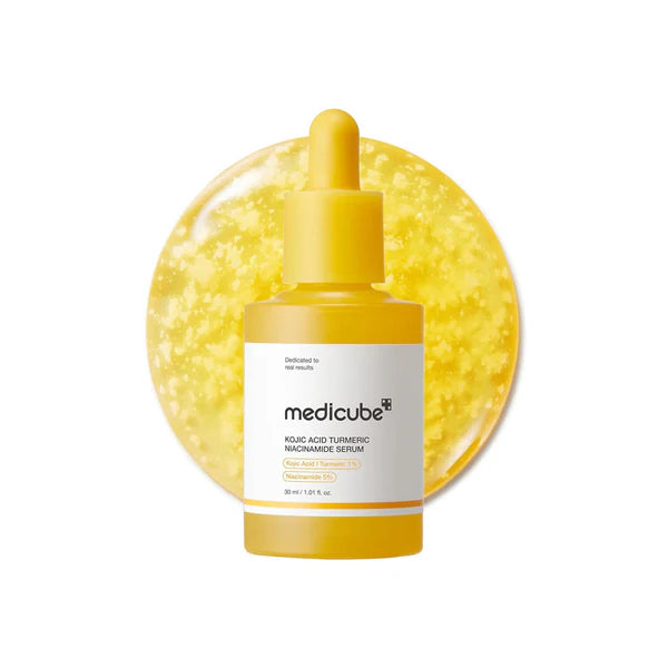 Yellow serum bottle with dropper labeled 'medicube' on a white background