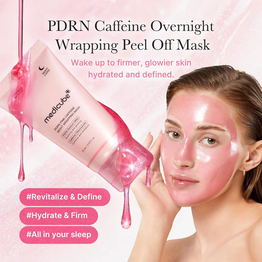 Woman applying a pink PDRN Caffeine Overnight Wrapping Peel Off Mask with product packaging displayed.