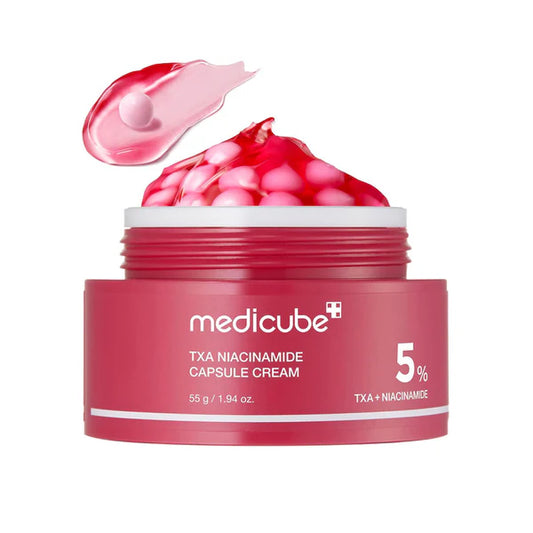 Pink jar of Medicube cream with pink cream on a white background
MEDICUBE TXA Niacinamide Capsule Cream Dewy Demure Australia