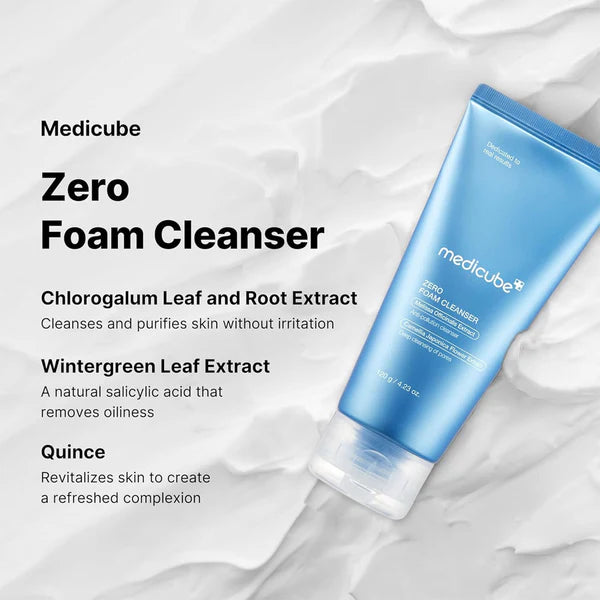 Medicube Zero Foam Cleanser bottle on a white background with product details.