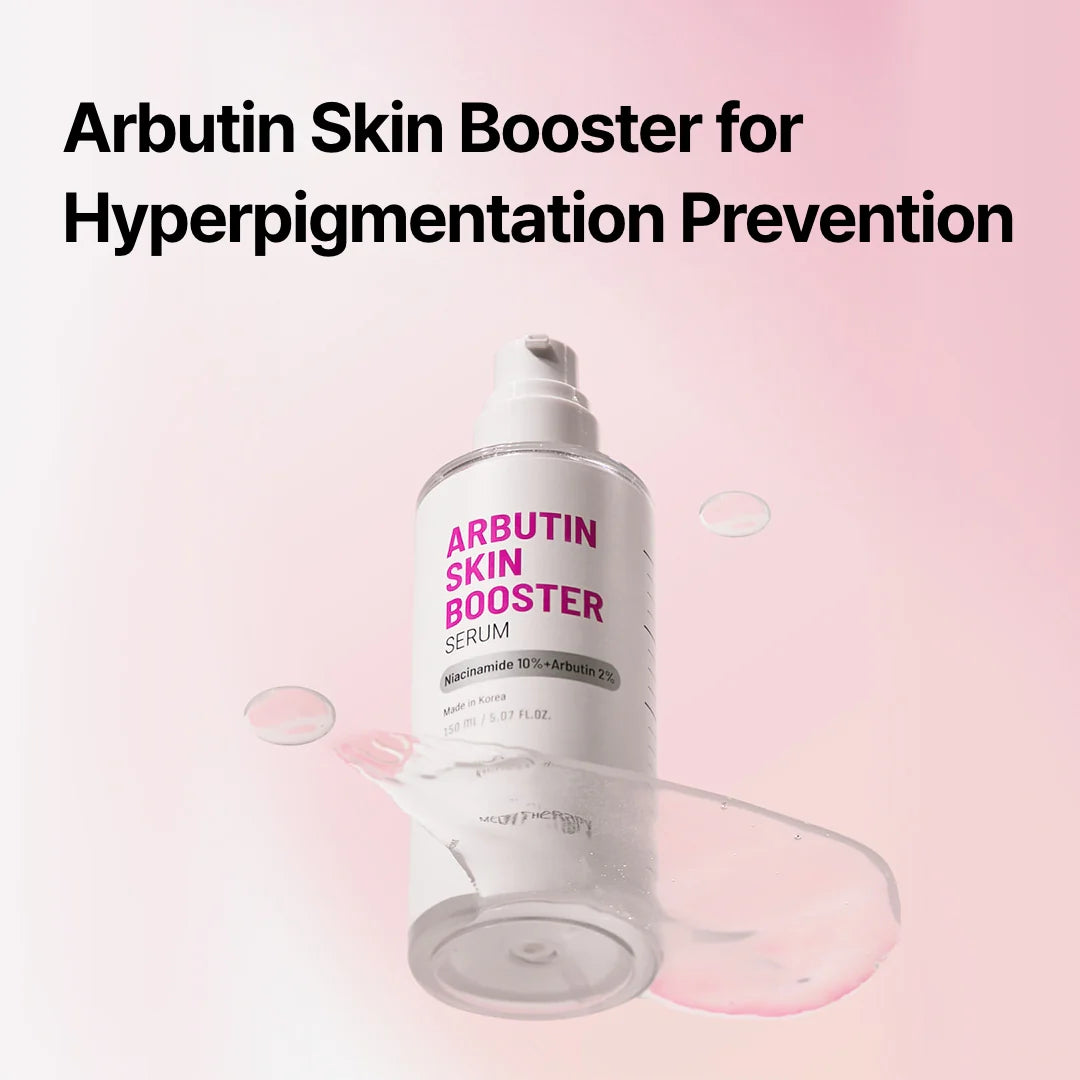 Arbutin Skin Booster serum bottle on a pink background with text about hyperpigmentation prevention.