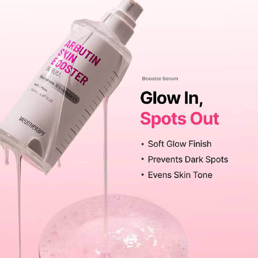 Skin booster serum with pink background and text highlighting benefits