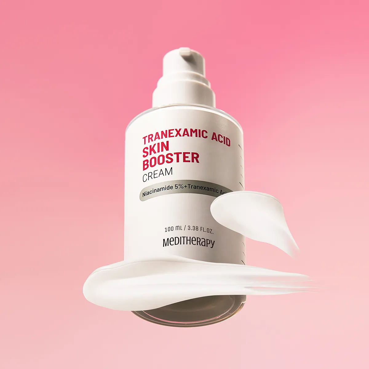 Tranexamic Acid Skin Booster Cream bottle with pump on a pink background