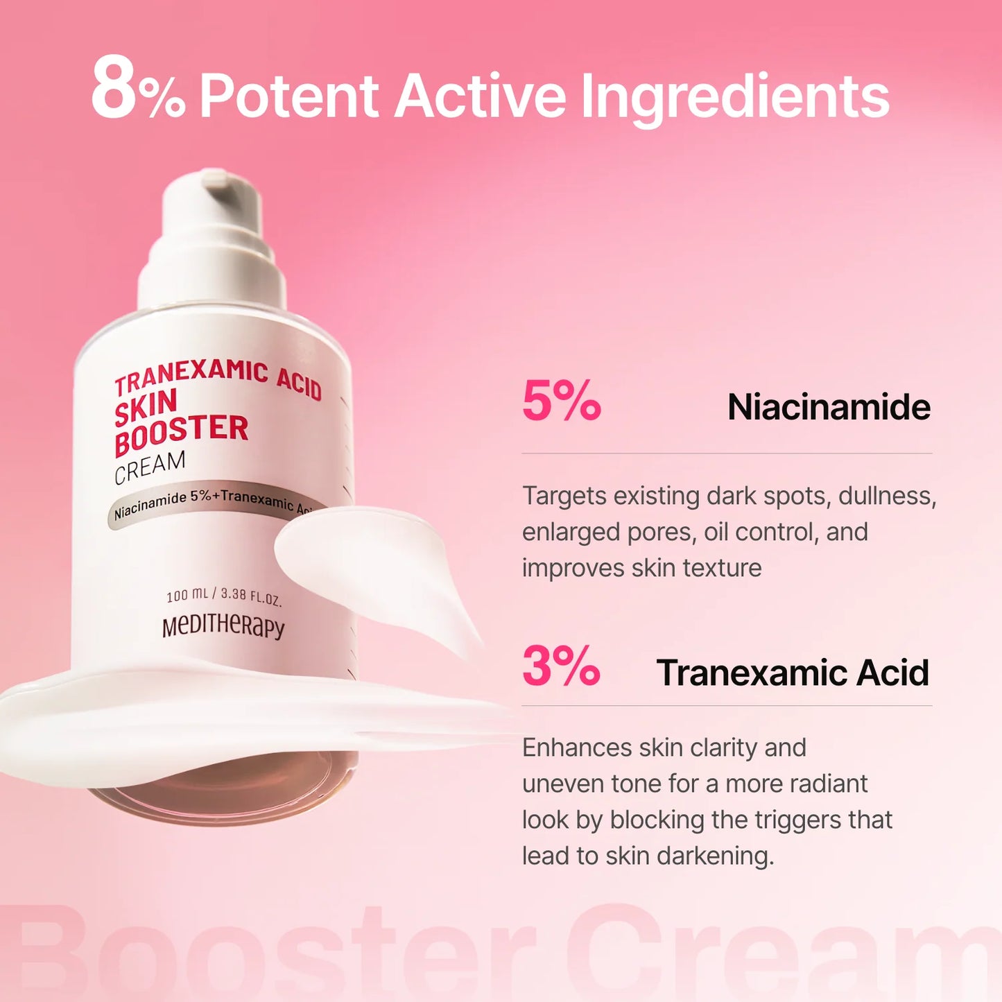 MedTherapy Tranexamic Acid Skin Booster Cream with product details on a pink background