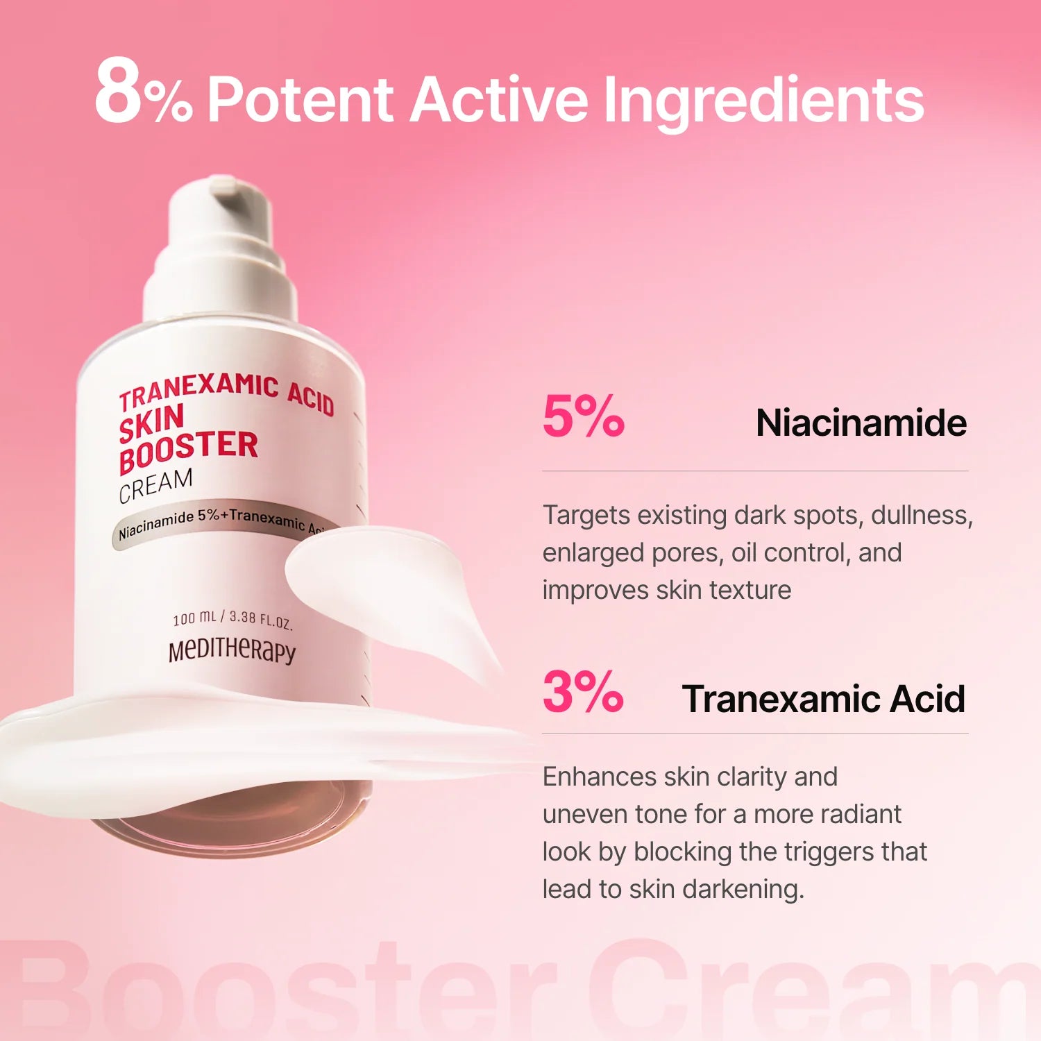MedTherapy Tranexamic Acid Skin Booster Cream with product details on a pink background