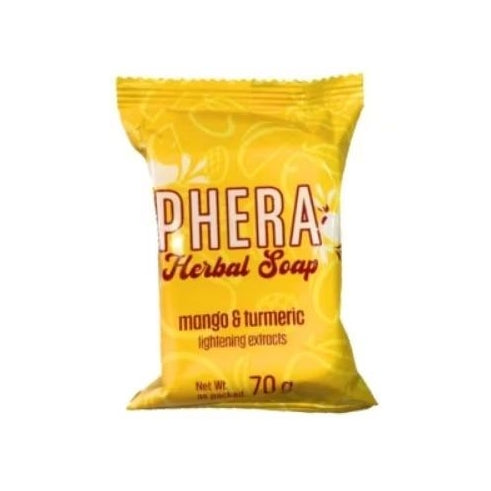 Yellow package of Sphera Herbal Soap with mango and turmeric ingredients on a white background